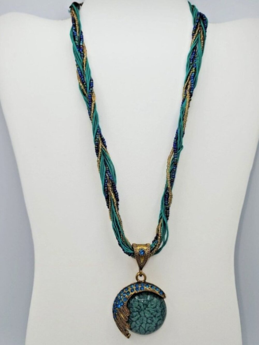 Vintage Blue & Brass Multi Strand Glass Bead Necklace - Picture 3 of 6